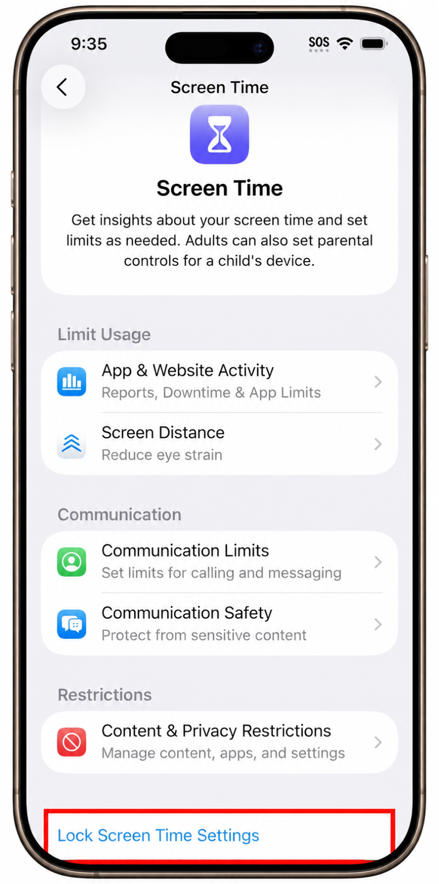 صفحه تنظیمات اسکرین تایم آیفون با گزینه Lock Screen Time Settings