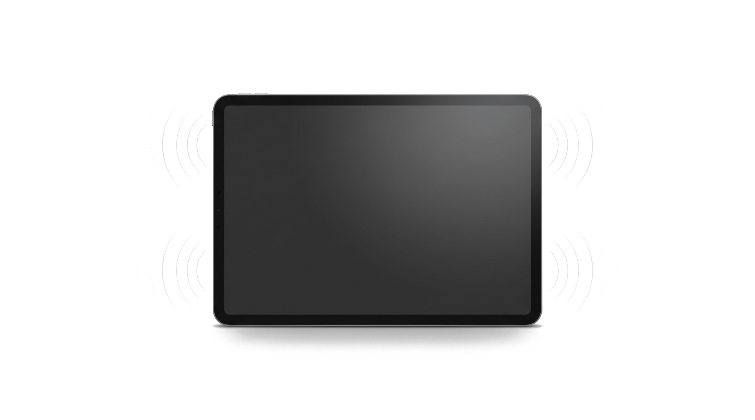 تبلت Galaxy Tab A9+ با امواج صوتی از چهار بلندگوی Dolby Atmos روی پس‌زمینه سفید